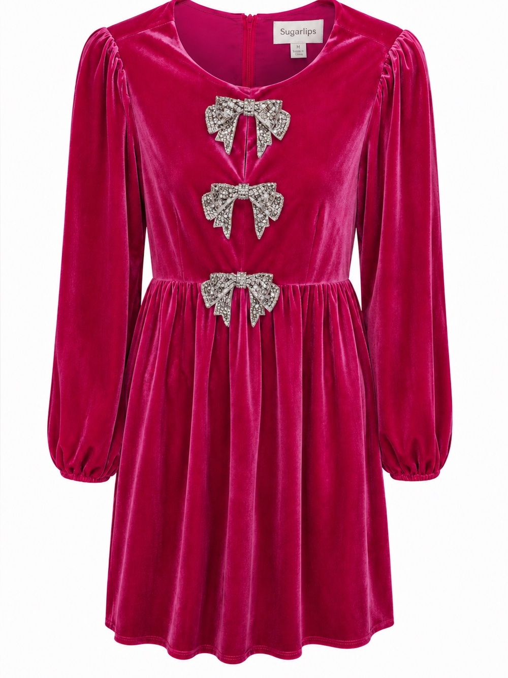 Sugarlips Hot Pink Glow Stella Velvet Bow Dress w Rhinestones. Medium. NWT!